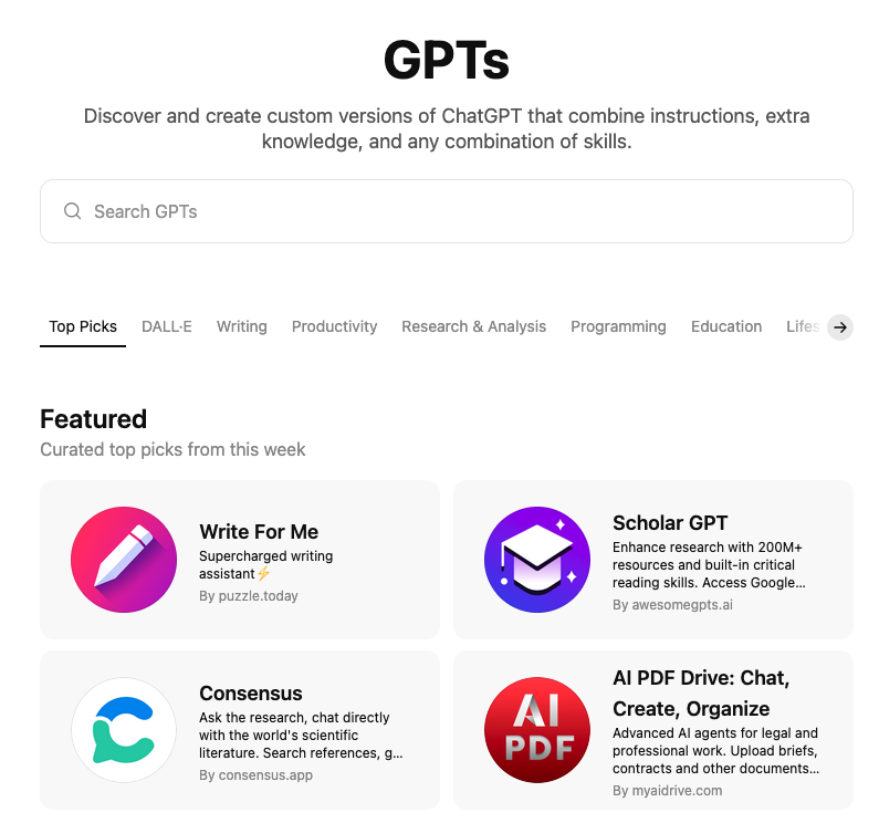 custom gpt: list of existing ones
